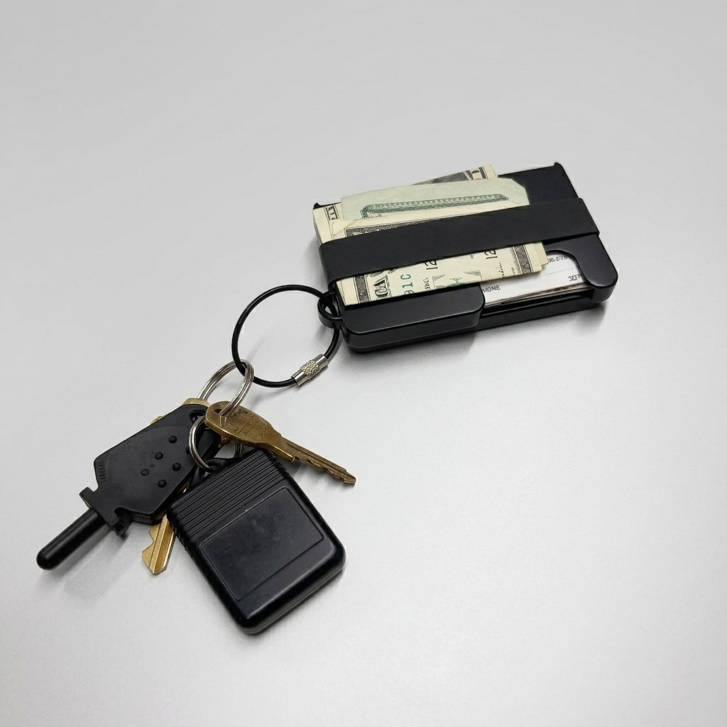 Folded cash under the back band of the Brik metal wallet