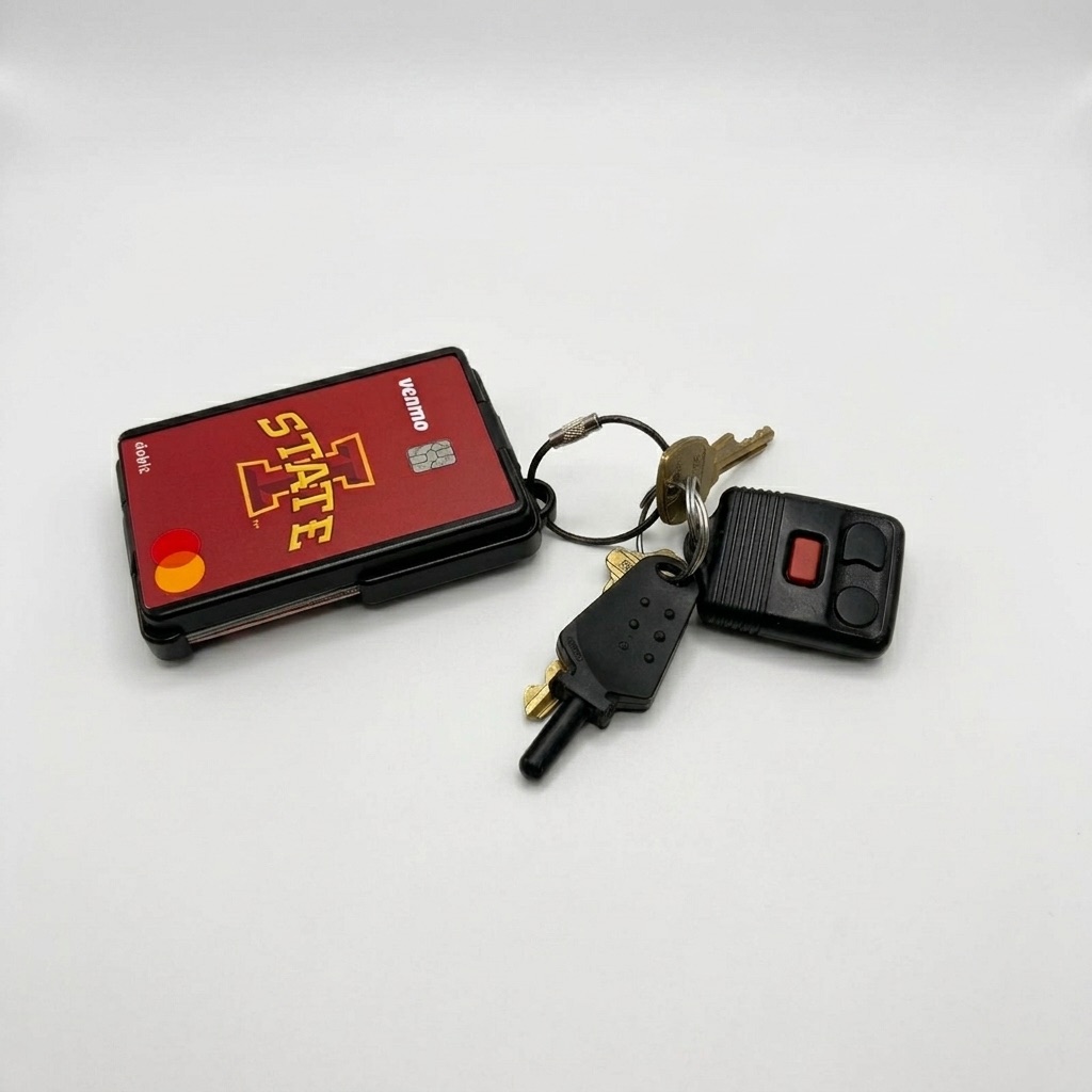 The Brik metal wallet closed with keys attached, front-pocket profile